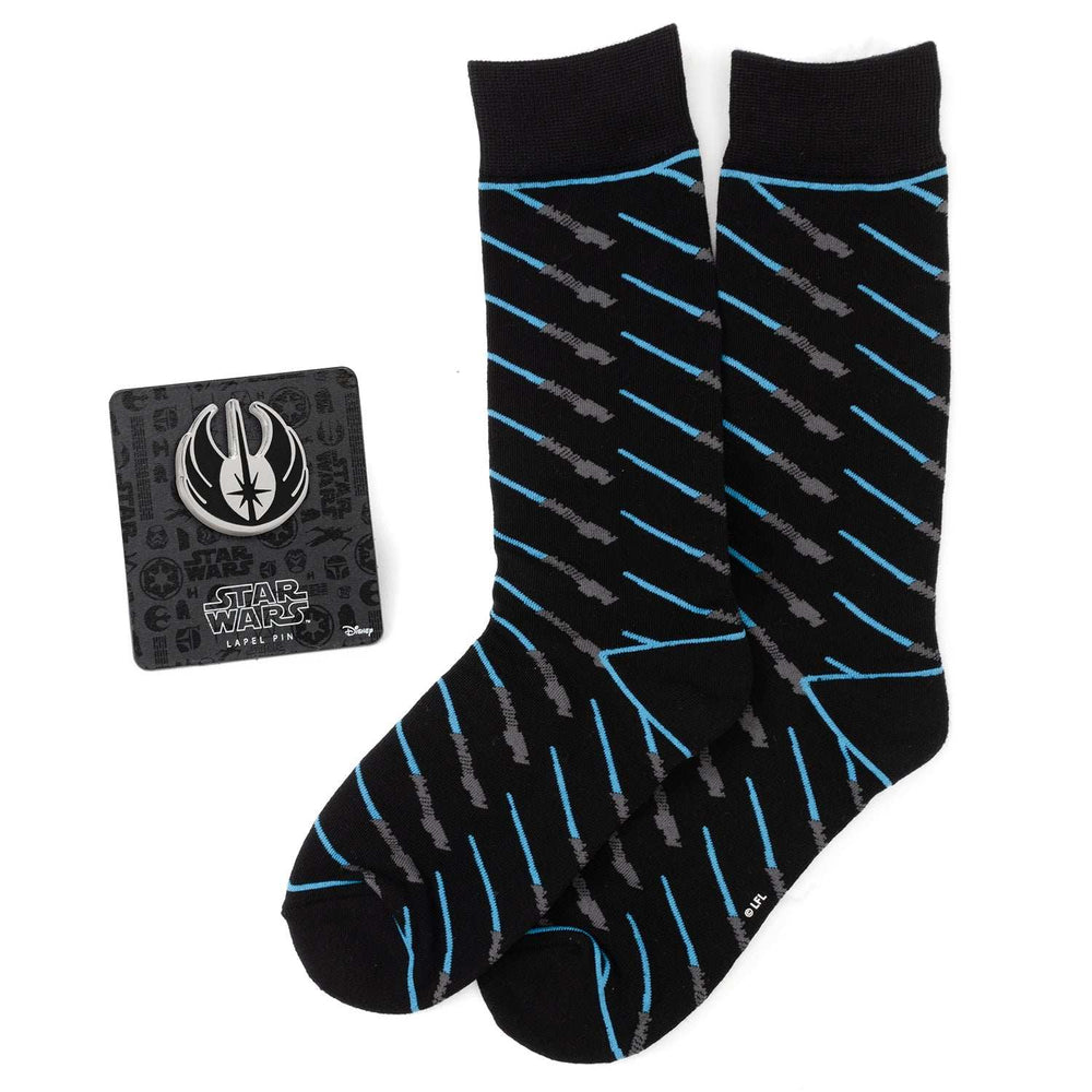 Star Wars Obi-Wan Kenobi Blue LIGHTSABER Pattern Black Dress Socks with Jedi Crest Lapel Pin Gift Set - Cufflinks.com - Flyclothing LLC