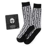 Star Wars Mandalorian Houndstooth Black and White Dress Socks and Lapel Pin Gift Set