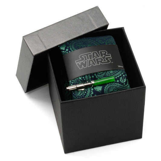 Star Wars Yoda Green and Blue Paisley Tie and LIGHTSABER Tie Clip Gift Set