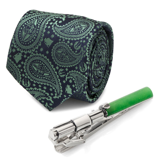 Star Wars Yoda Green and Blue Paisley Tie and LIGHTSABER Tie Clip Gift Set