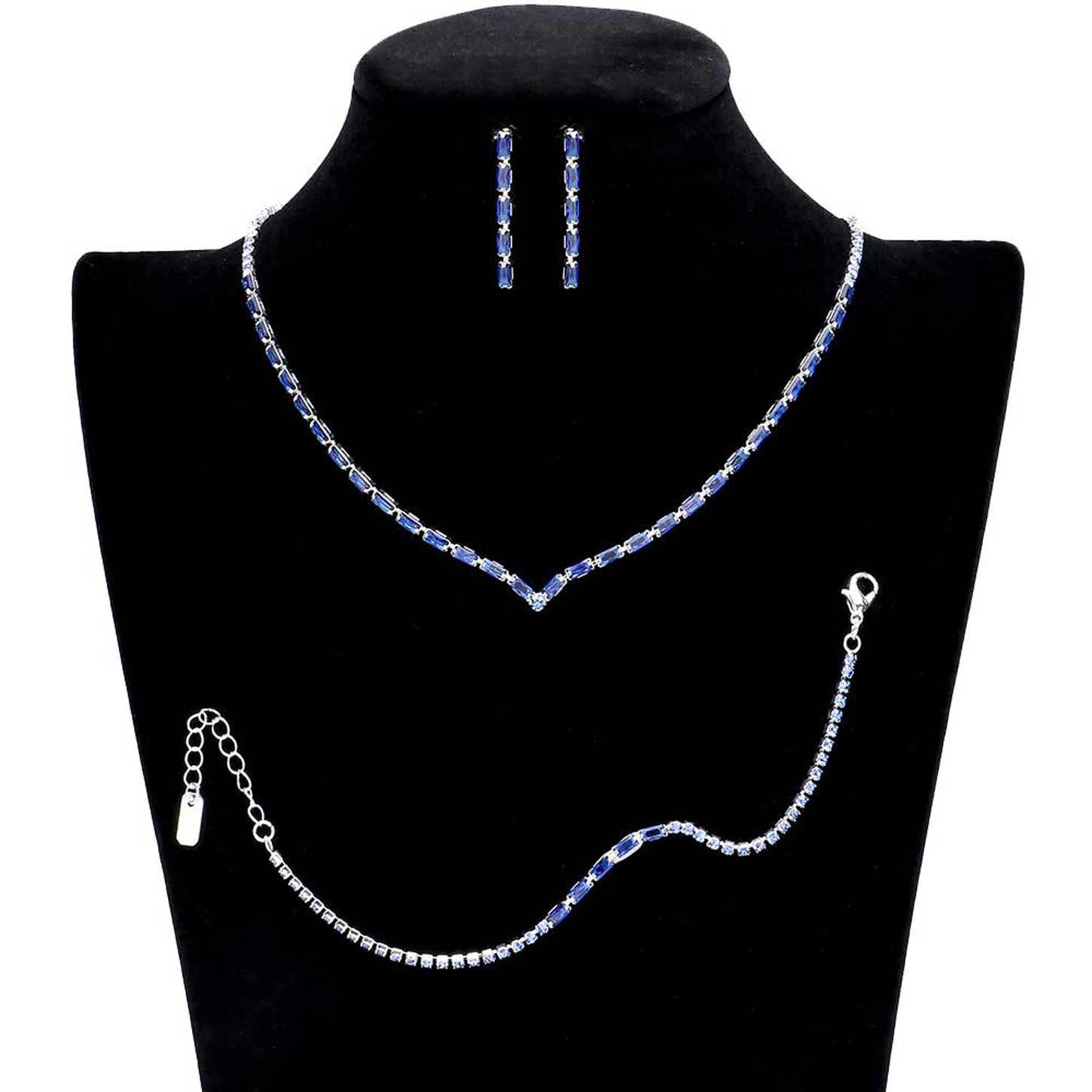 3PCS Chevron Accented Rectangle Stone Necklace Jewelry Set - Madeline Love - Flyclothing LLC