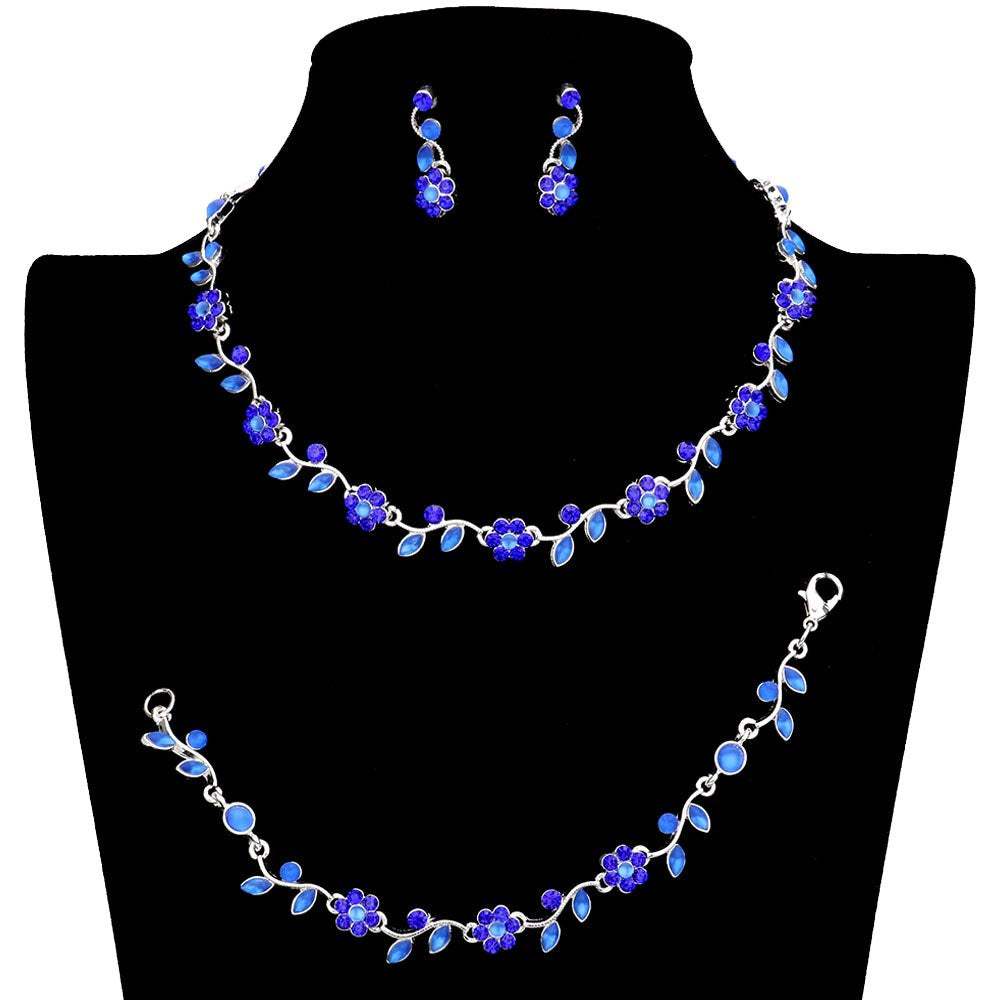 3PCS Flower Leaf Cluster Rhinestone Necklace Jewelry Set - Madeline Love - Flyclothing LLC