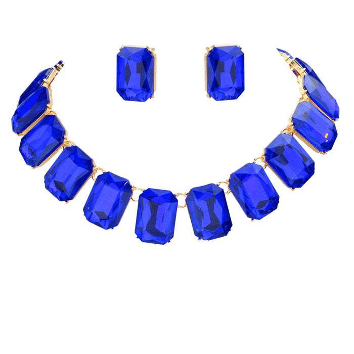 Emerald Cut Stone Link Evening Necklace Earring Set - Madeline Love - Flyclothing LLC