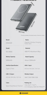 Essager Thin Wireless Power Bank Magnetic 20W 5000mAh Portable Fast Charging External Battery for Magsafe For iPhone 16 15 14 13 - ZeeBelle.com - Flyclothing LLC