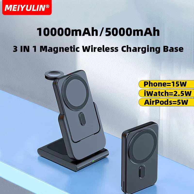 3in1 10000mAh Magnetic Wireless Power Bank Fast Charging Base Stand 5000mAh Portable External Battery for Apple iWatch iPhone 15 - ZeeBelle.com - Flyclothing LLC