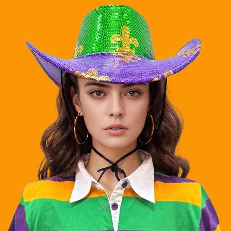 Sequin Fleur de Lis Patterned Mardi Gras Fedora Hat - Madeline Love - Flyclothing LLC