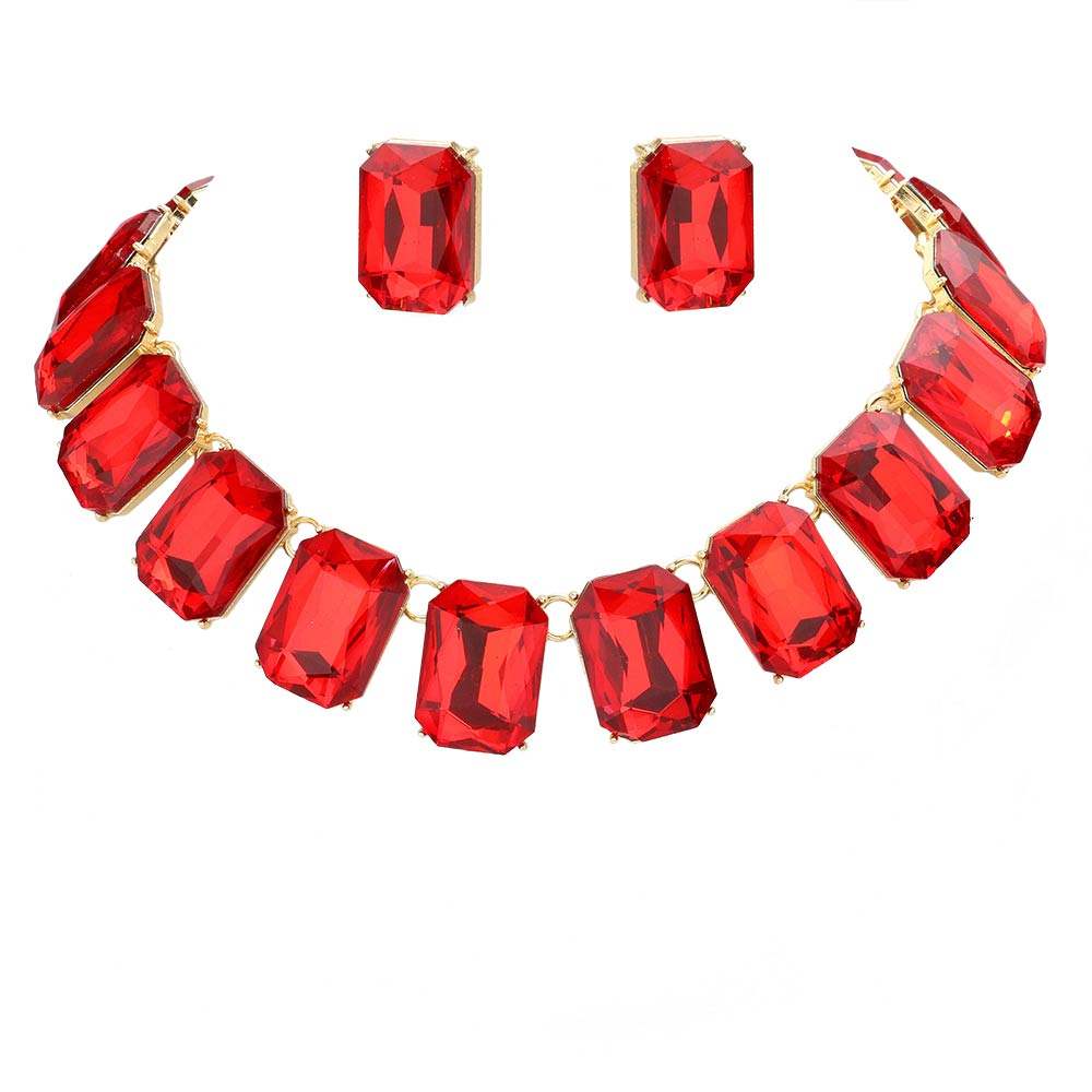 Emerald Cut Stone Link Evening Necklace Earring Set - Madeline Love - Flyclothing LLC