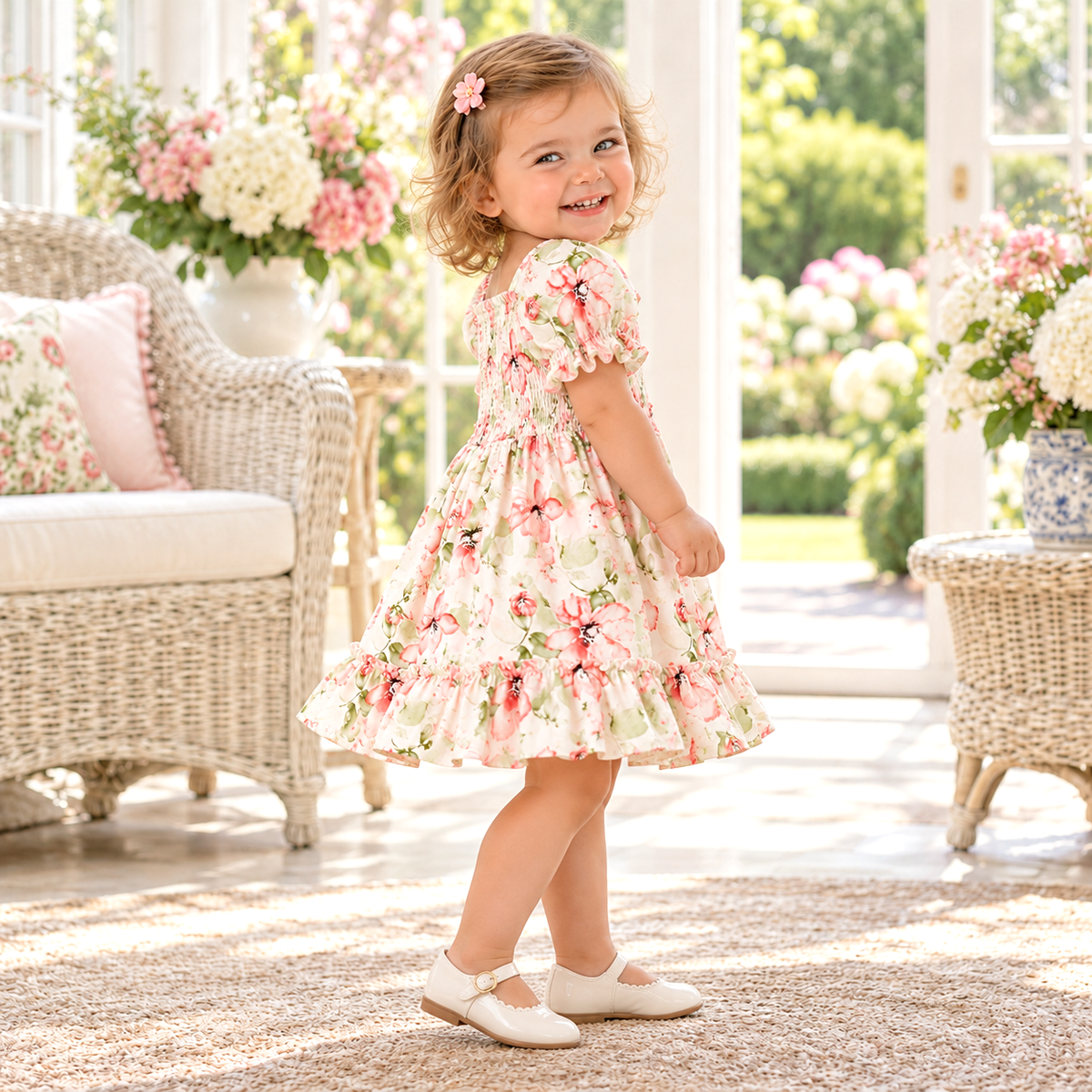 Blush Bouquet Smocked Bodice Puff Sleeve Dress - Tesa Babe - Flyclothing LLC