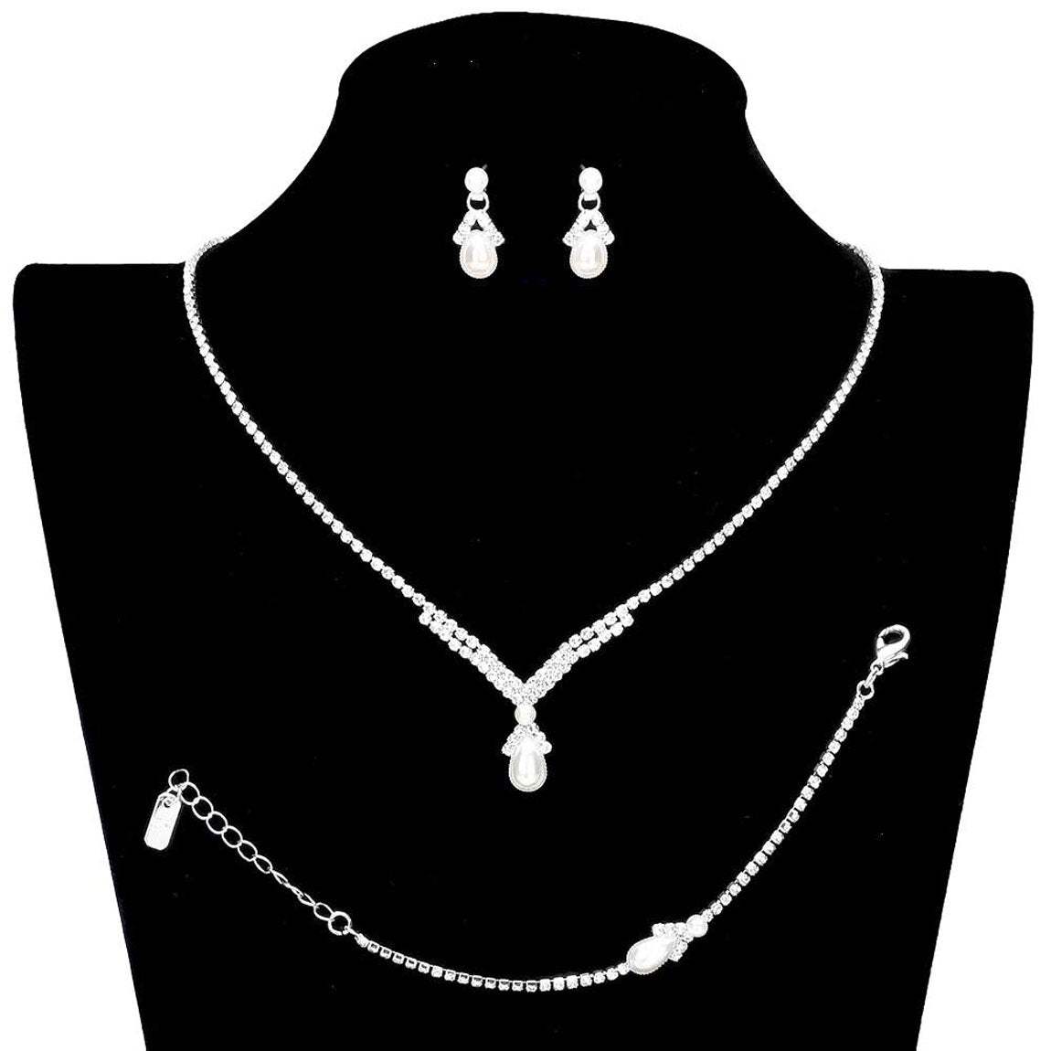 3PCS Teardrop Pearl Accented Rhinestone Necklace Jewelry Set - Madeline Love - Flyclothing LLC