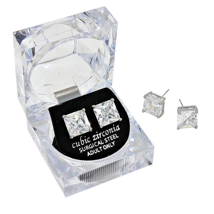 10mm Square Crystal Cubic Zirconia Stud Earrings in Clear Gift Box - Ready to Gift - Madeline Love - Flyclothing LLC