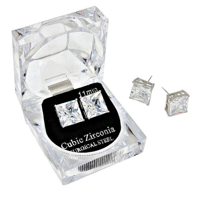 11mm Square Crystal Cubic Zirconia Stud Earrings in Clear Gift Box - Ready to Gift - Madeline Love - Flyclothing LLC