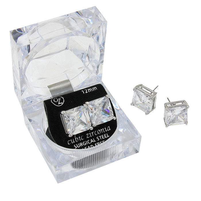 12mm Square Crystal Cubic Zirconia Stud Earrings in Clear Gift Box - Ready to Gift - Madeline Love - Flyclothing LLC