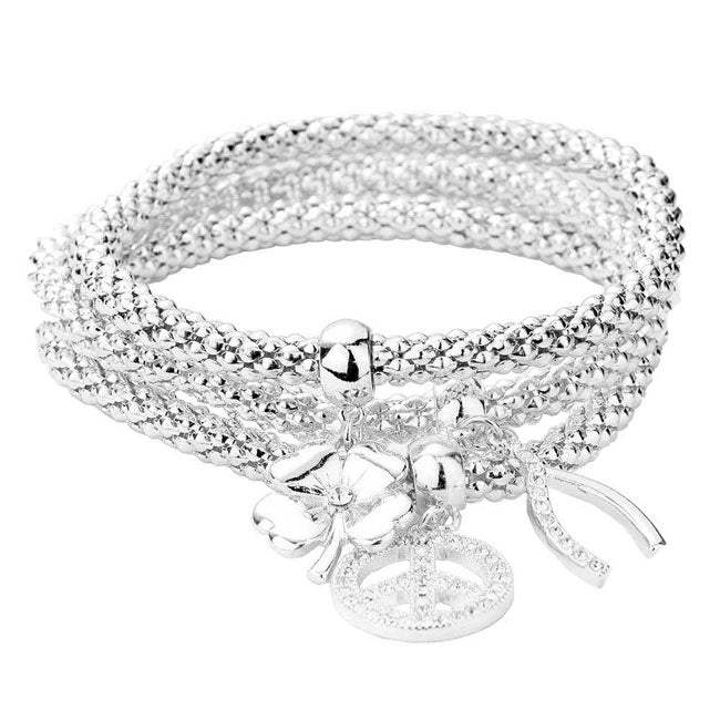 3PCS Clover Peace Wishbone Charm Stretch Bracelets - Madeline Love - Flyclothing LLC