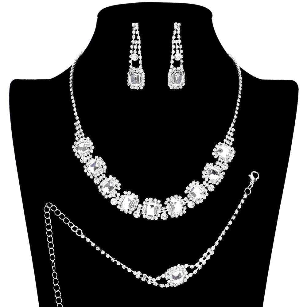 3PC Emerald Cut Stone Accented Rhinestone Jewelry Set - Madeline Love - Flyclothing LLC