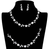 3PCS Flower Leaf Cluster Rhinestone Necklace Jewelry Set - Madeline Love - Flyclothing LLC