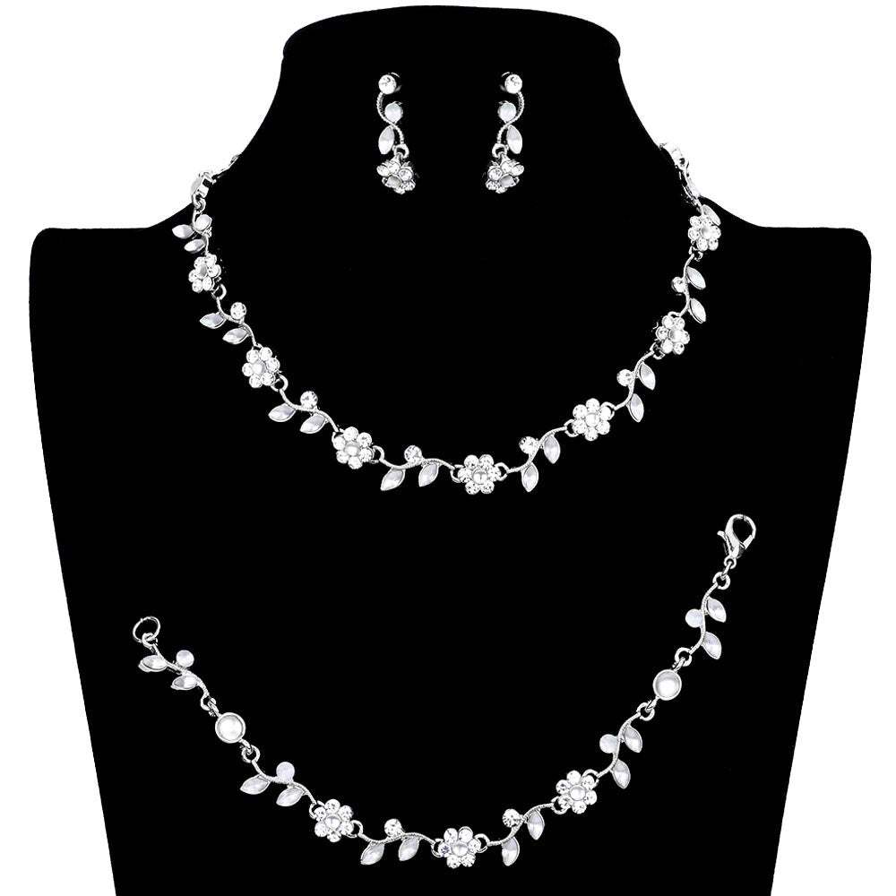 3PCS Flower Leaf Cluster Rhinestone Necklace Jewelry Set - Madeline Love - Flyclothing LLC