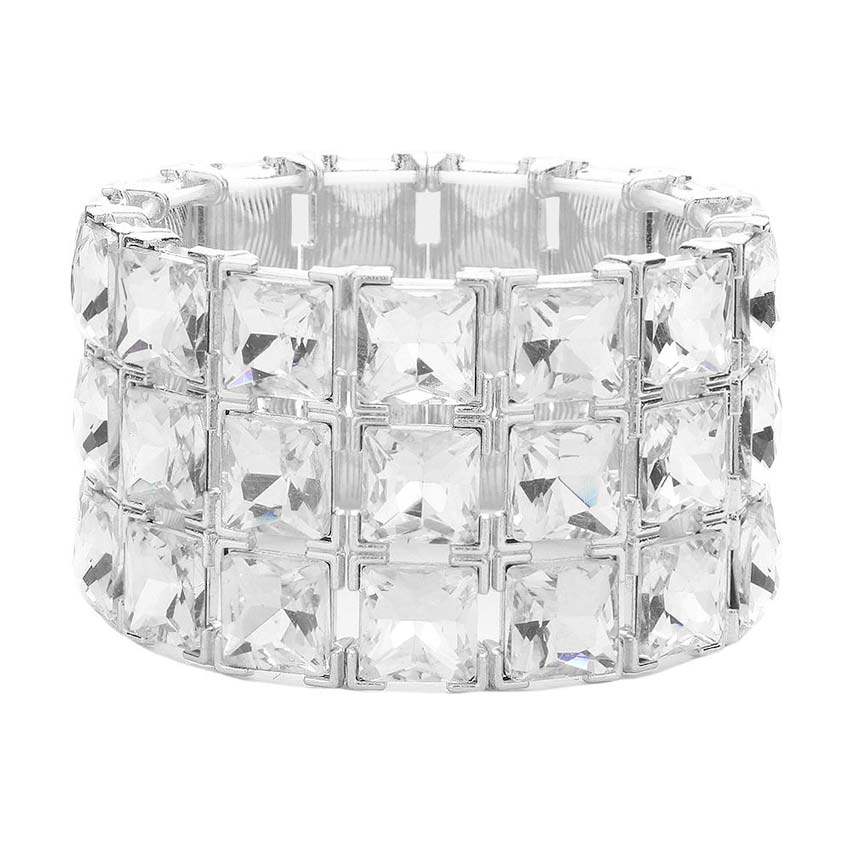 3Rows Square Stone Stretch Evening Bracelet - Madeline Love - Flyclothing LLC