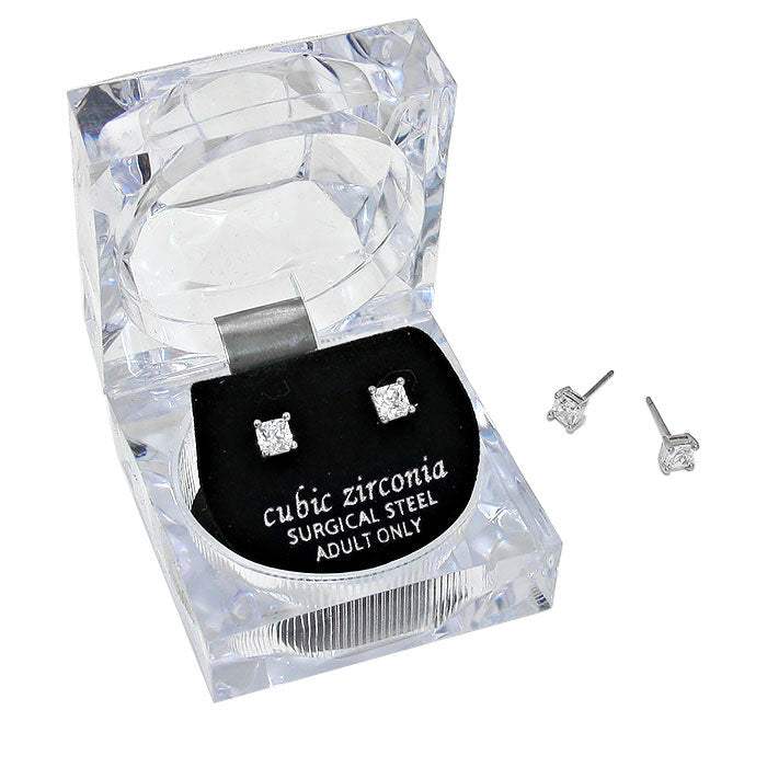 4mm Square Crystal Cubic Zirconia Stud Earrings in Clear Gift Box - Ready to Gift - Madeline Love - Flyclothing LLC