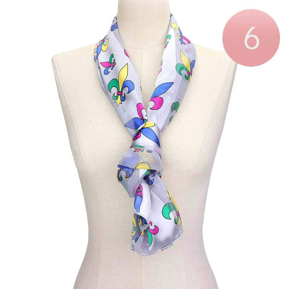 6PCS Silk Satin Mardi Gras Fleur de Lis Patterned Scarves - Madeline Love - Flyclothing LLC