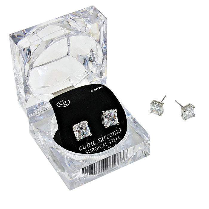 7mm Square Crystal Cubic Zirconia Stud Earrings in Clear Gift Box - Ready to Gift - Madeline Love - Flyclothing LLC