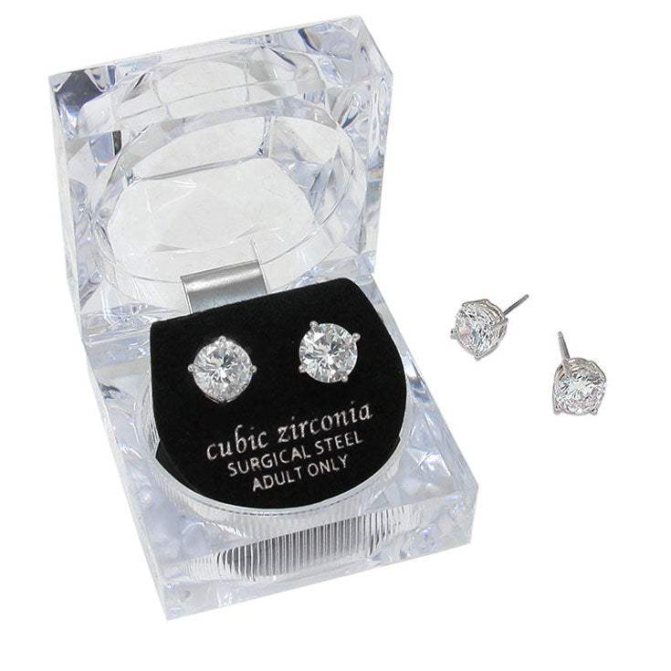 8mm Round Crystal Cubic Zirconia Stud Earrings in Clear Gift Box - Ready to Gift - Madeline Love - Flyclothing LLC