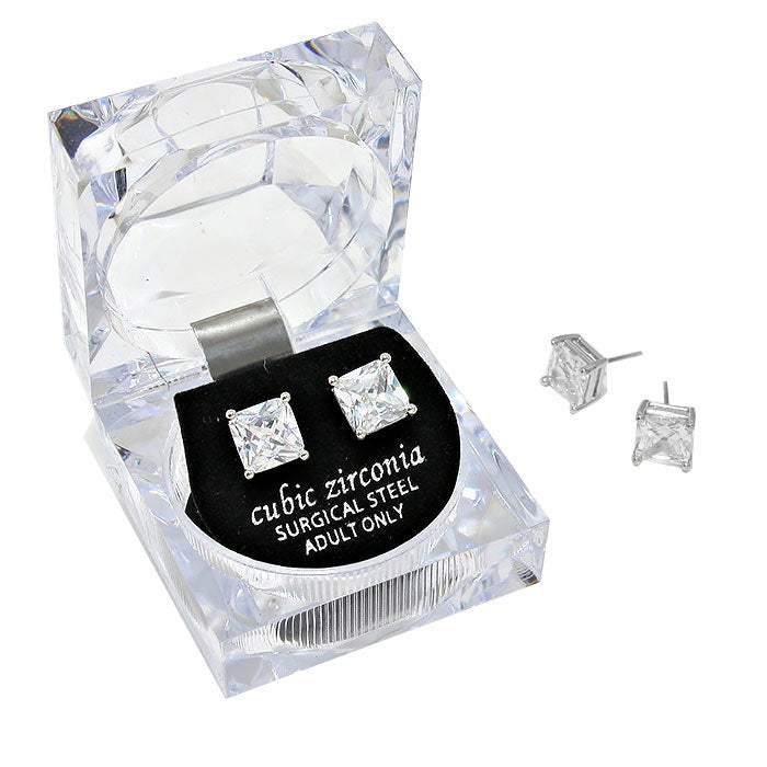 8mm Square Crystal Cubic Zirconia Stud Earrings in Clear Gift Box - Ready to Gift - Madeline Love - Flyclothing LLC