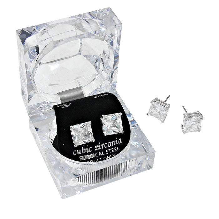9mm Square Crystal Cubic Zirconia Stud Earrings in Clear Gift Box - Ready to Gift - Madeline Love - Flyclothing LLC