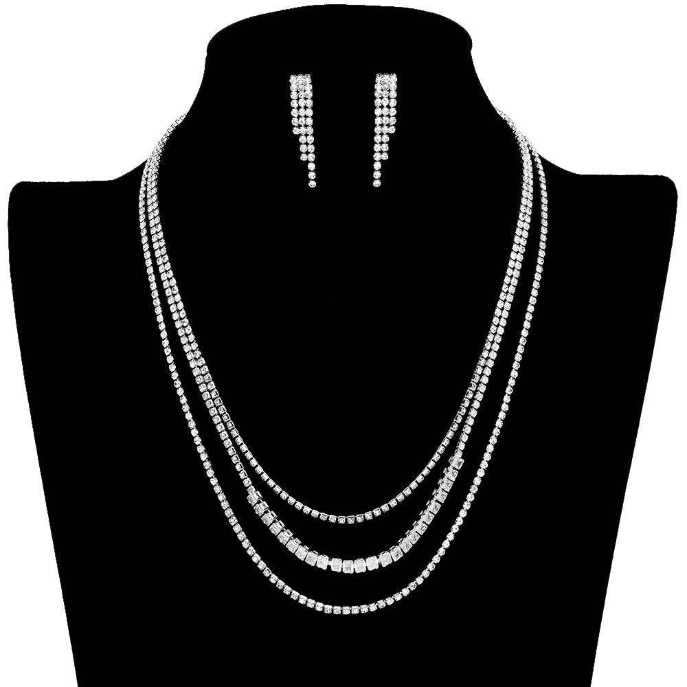 CZ Square Stone Detailed Triple Layered Jewelry Set - Madeline Love - Flyclothing LLC