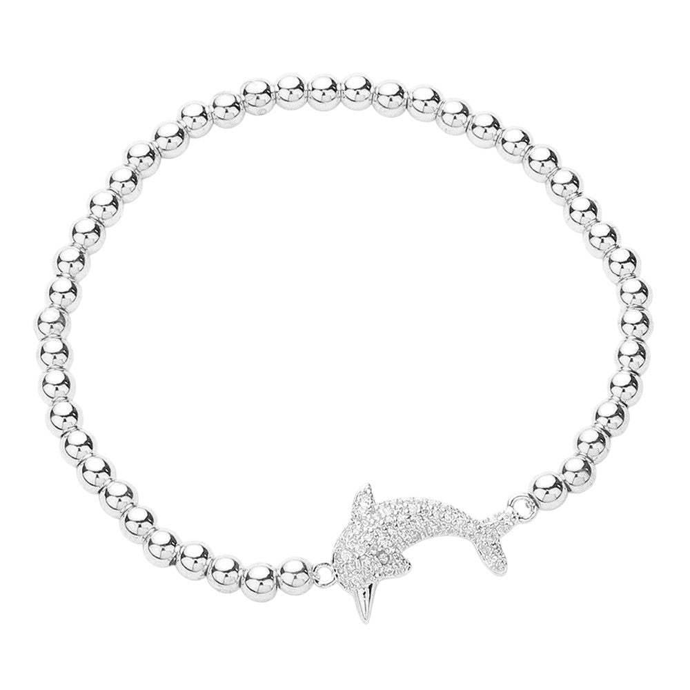 CZ Stone Paved Dolphin Stainless Steel Ball Stretch Bracelet - Madeline Love - Flyclothing LLC