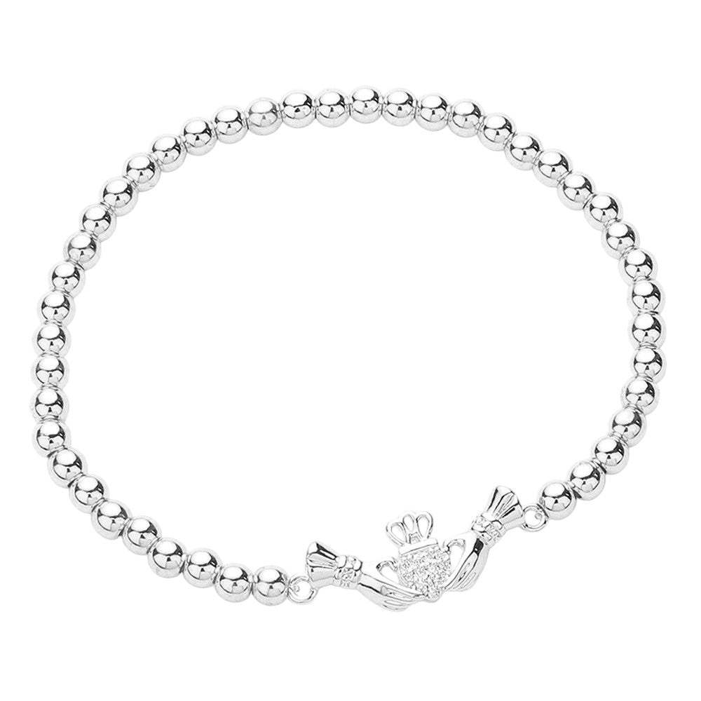 CZ Stone Paved Irish Claddagh Stainless Steel Ball Stretch Bracelet - Madeline Love - Flyclothing LLC