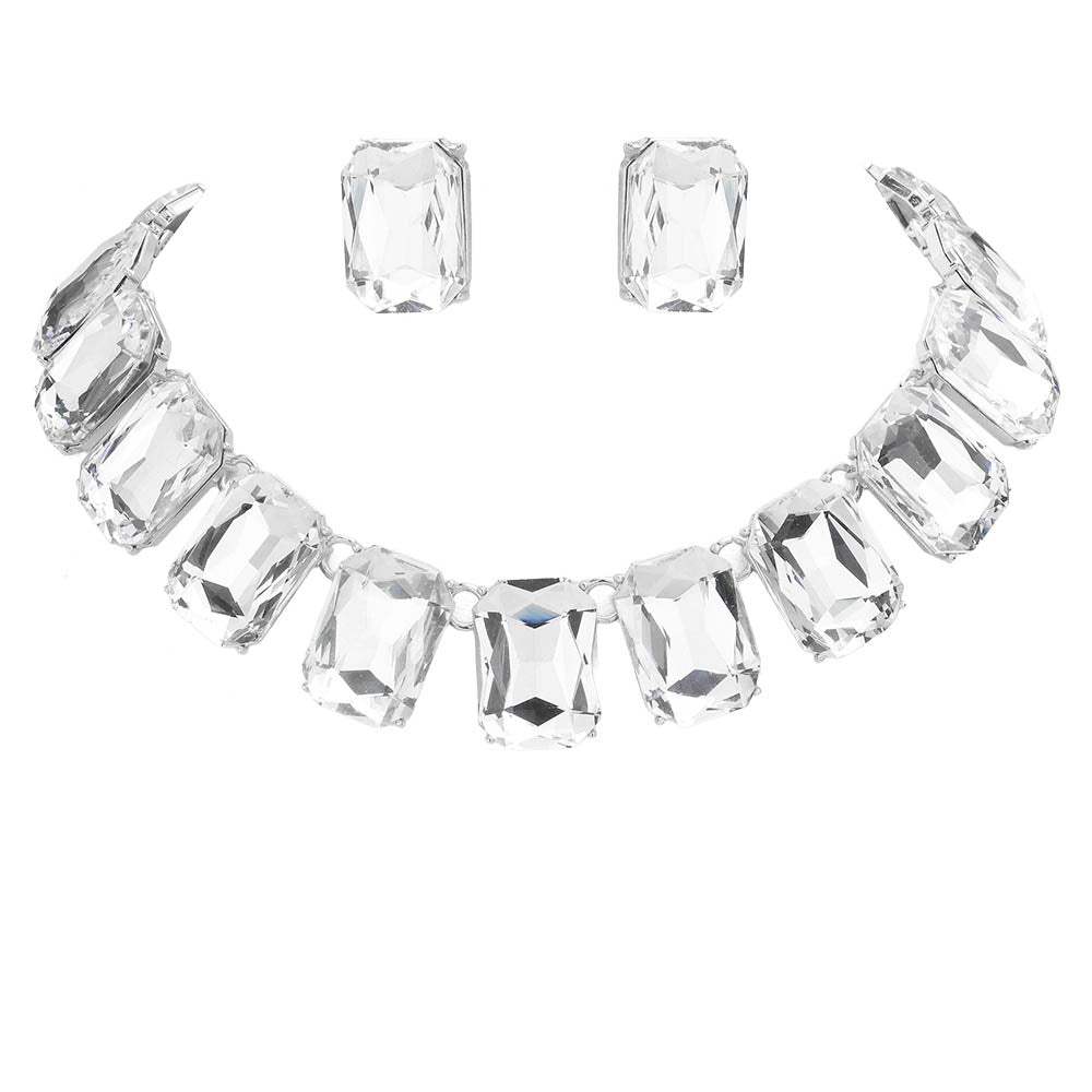 Emerald Cut Stone Link Evening Necklace Earring Set - Madeline Love - Flyclothing LLC