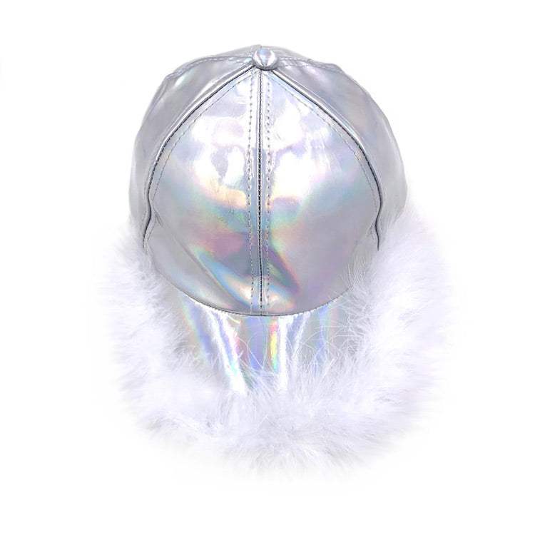 Faux Feather Trimmed Hologram Baseball Cap - Madeline Love - Flyclothing LLC