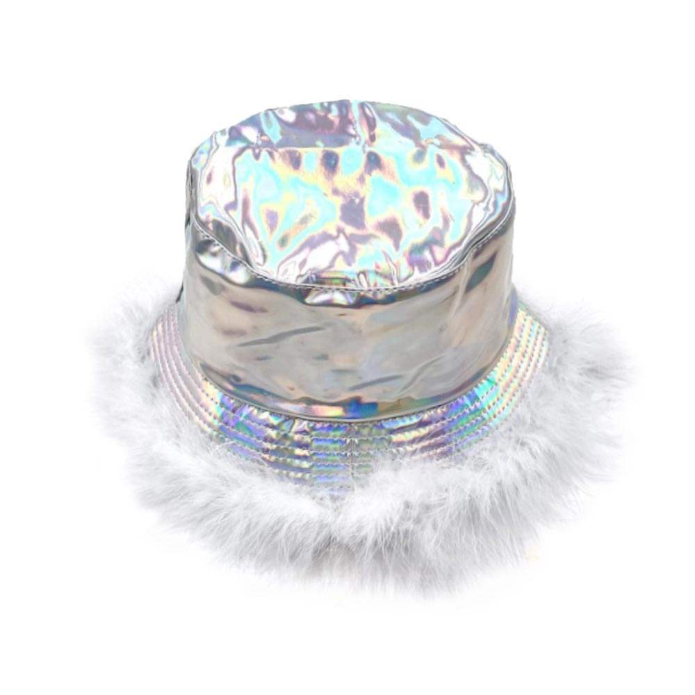 Faux Fur Trimmed Hologram Bucket Hat - Madeline Love - Flyclothing LLC