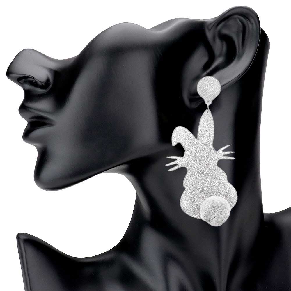 Glittered Resin Easter Bunny Pom Pom Tail Dangle Earrings - Madeline Love - Flyclothing LLC