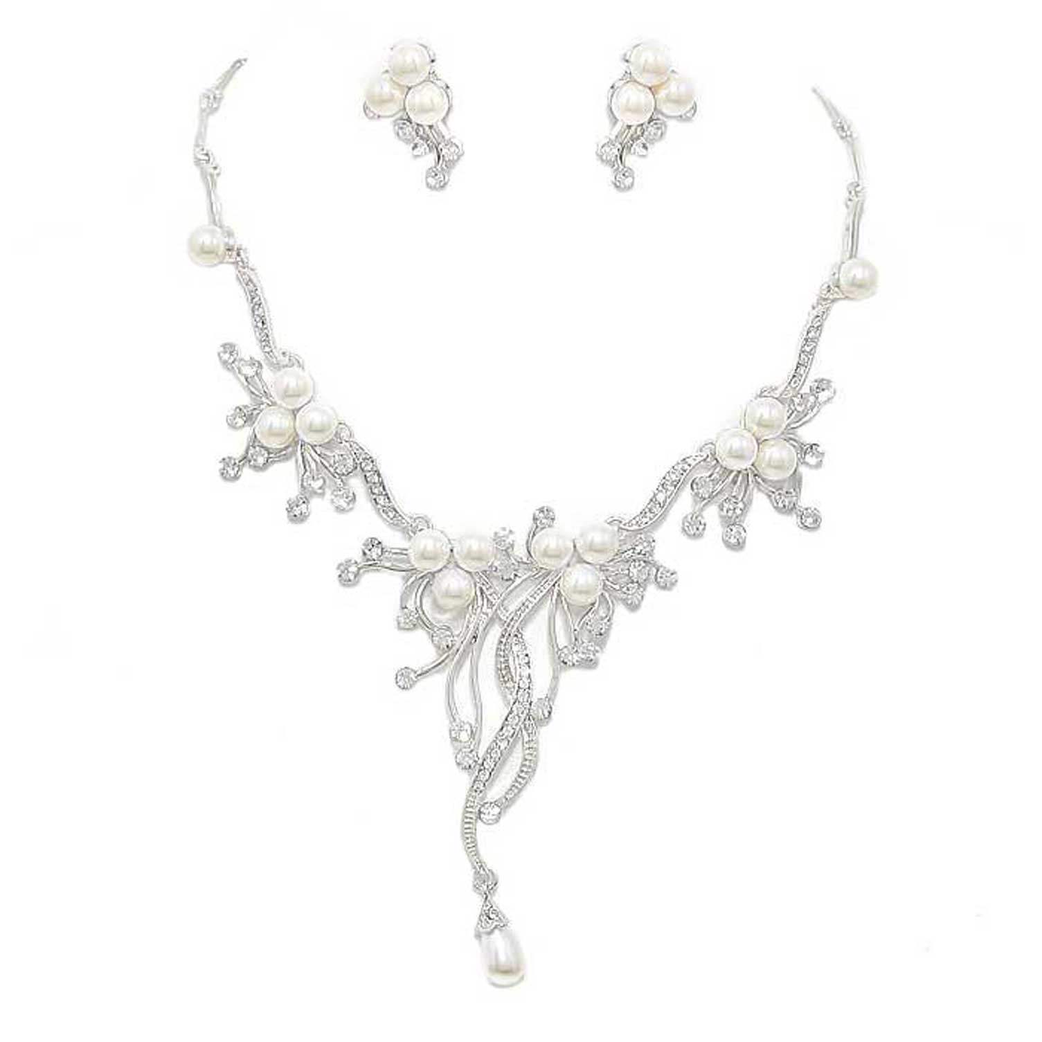 Pearl Accented Floral Rhinestone Necklace - Madeline Love - Flyclothing LLC