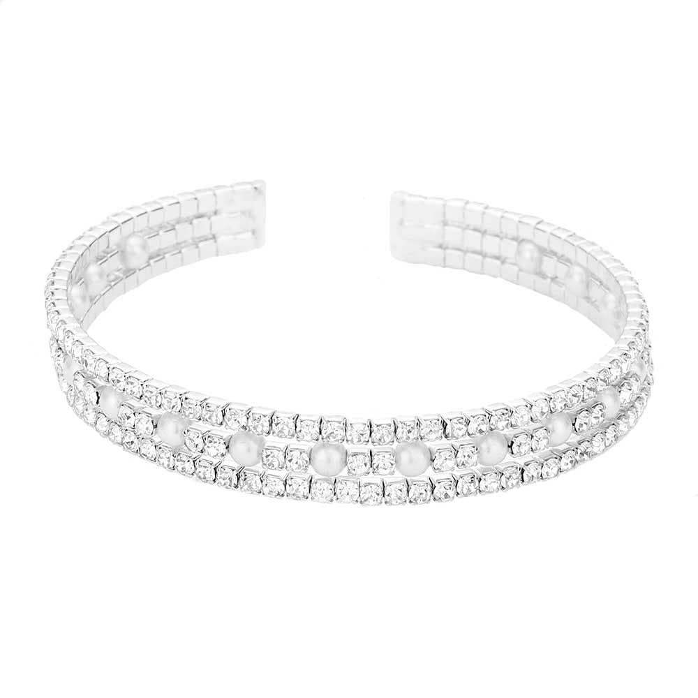 Pearl Accented Split Rhinestone Cuff Evening Bracelet - Madeline Love - Flyclothing LLC