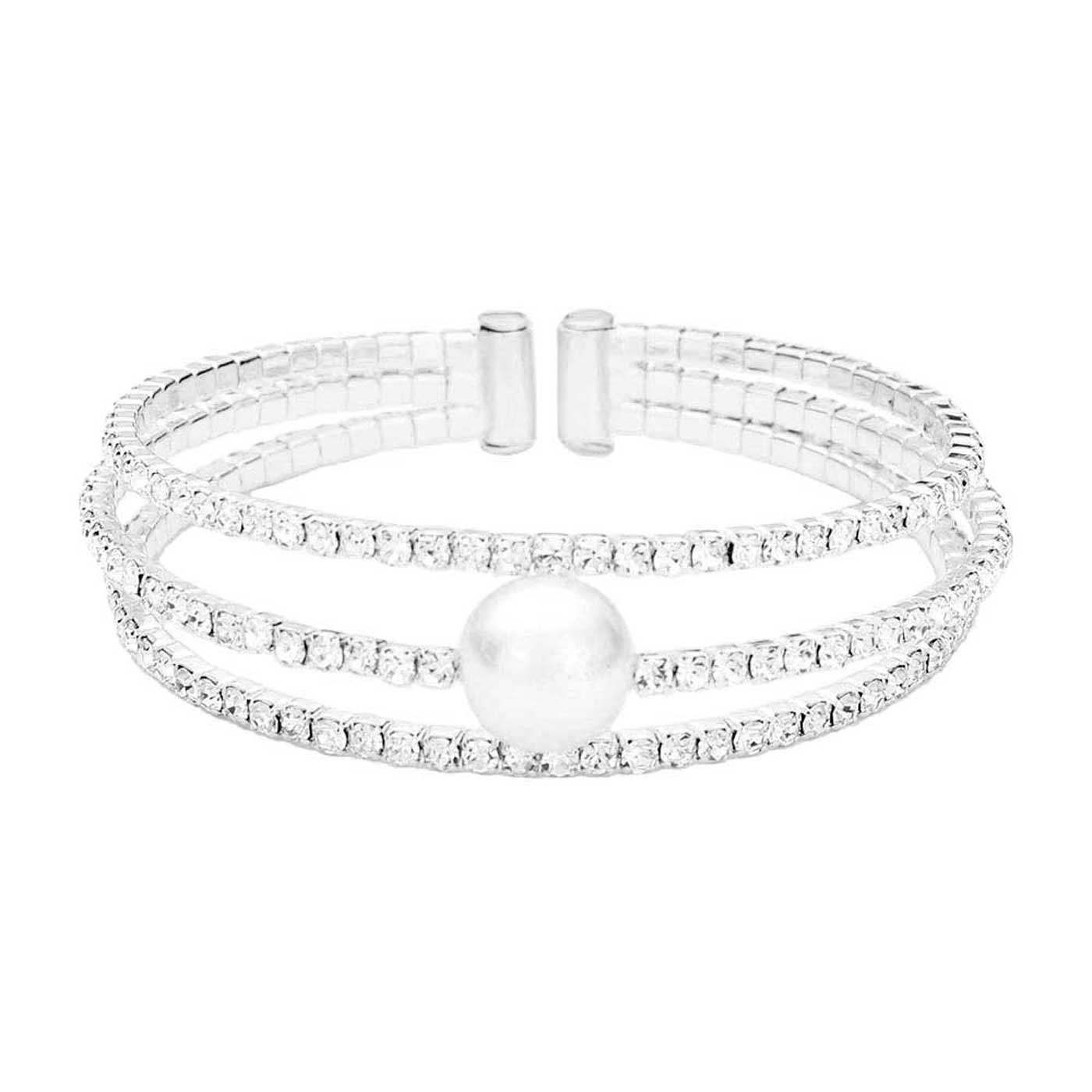 Pearl Accented Split Rhinestone Evening Cuff Bracelet - Madeline Love - Flyclothing LLC
