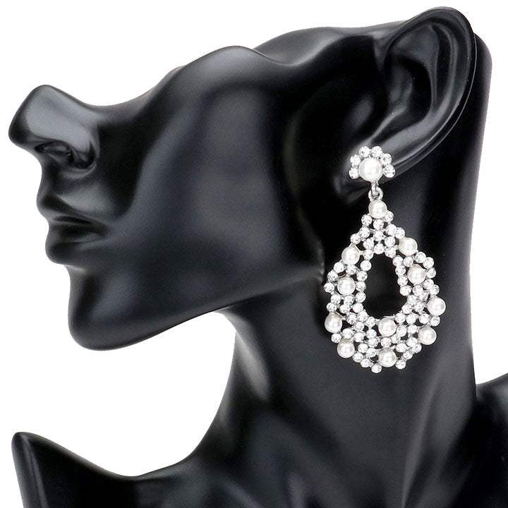 Pearl Detail Rhinestone Open Teardrop Evening Earrings - Madeline Love - Flyclothing LLC