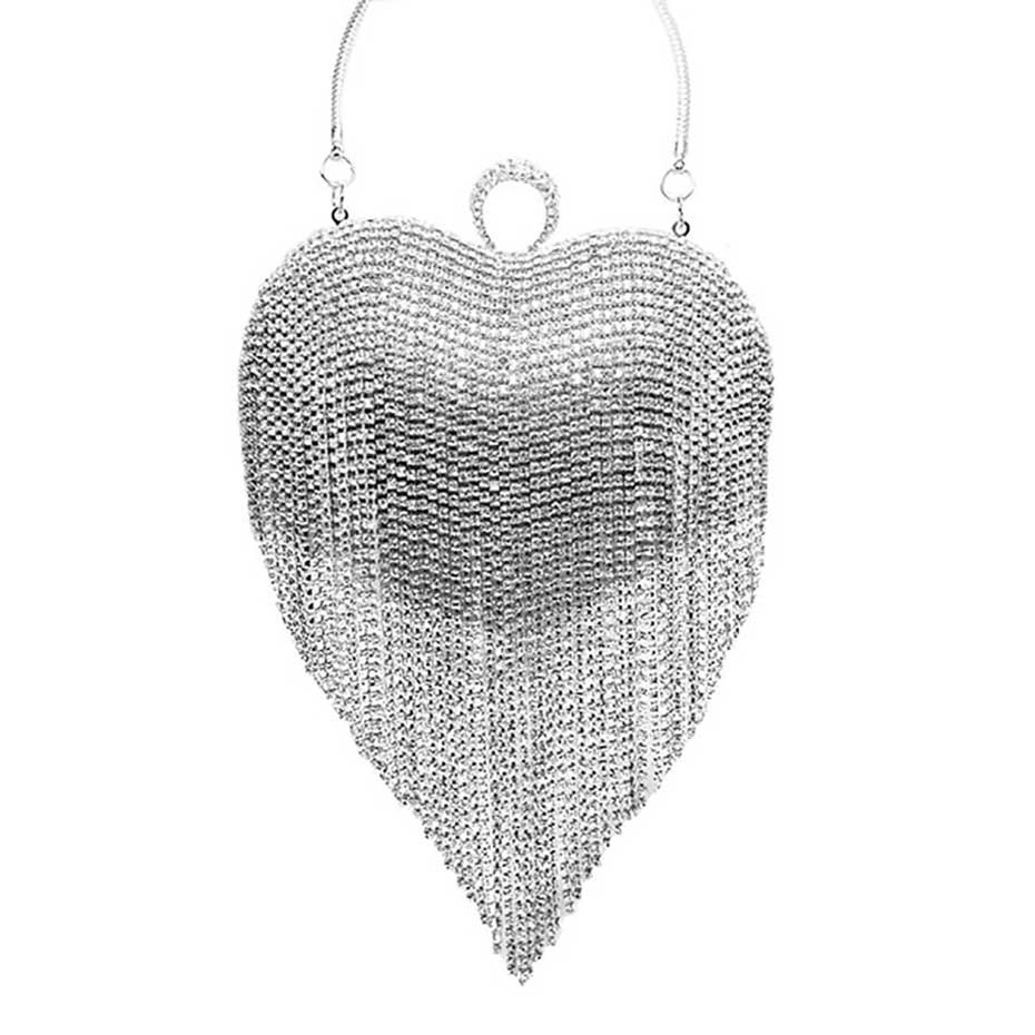 Rhinestone Fringe Heart Evening Tote Clutch Crossbody Bag - Madeline Love - Flyclothing LLC