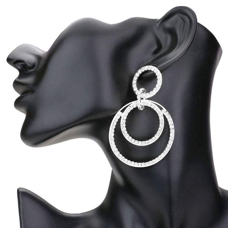 Rhinestone Pave Double Open Circle Dangle Evening Earrings - Madeline Love - Flyclothing LLC
