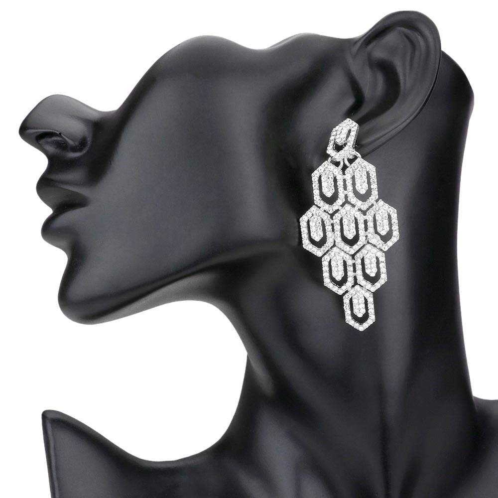 Rhinestone Pave Hexagon Link Statement Evening Earrings - Madeline Love - Flyclothing LLC