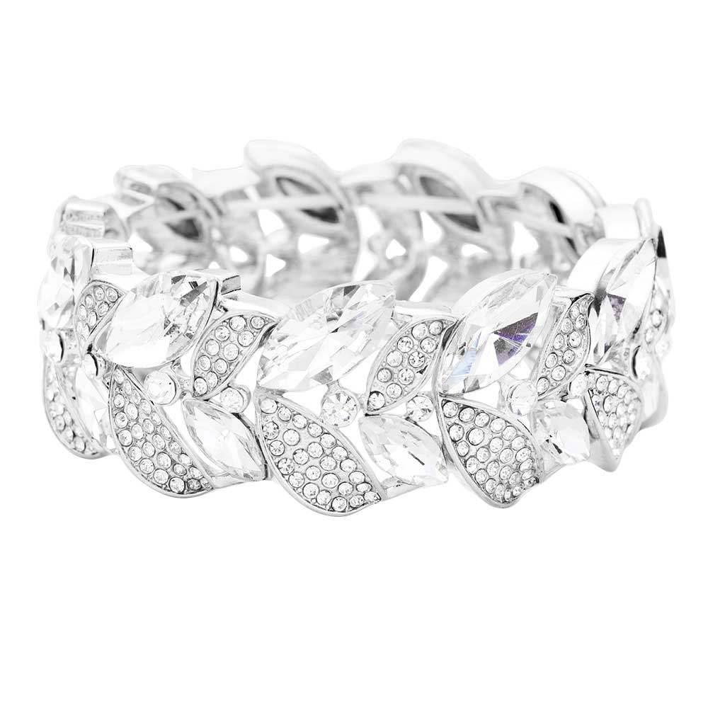 Rhinestone Pave Marquise Stone Leaf Stretch Evening Bracelet - Madeline Love - Flyclothing LLC