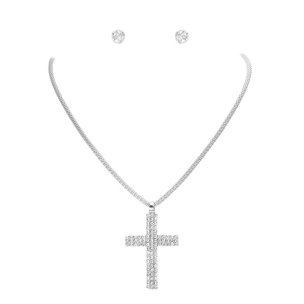 Rhinestone Paved Cross Pendant Jewelry Set - Madeline Love - Flyclothing LLC