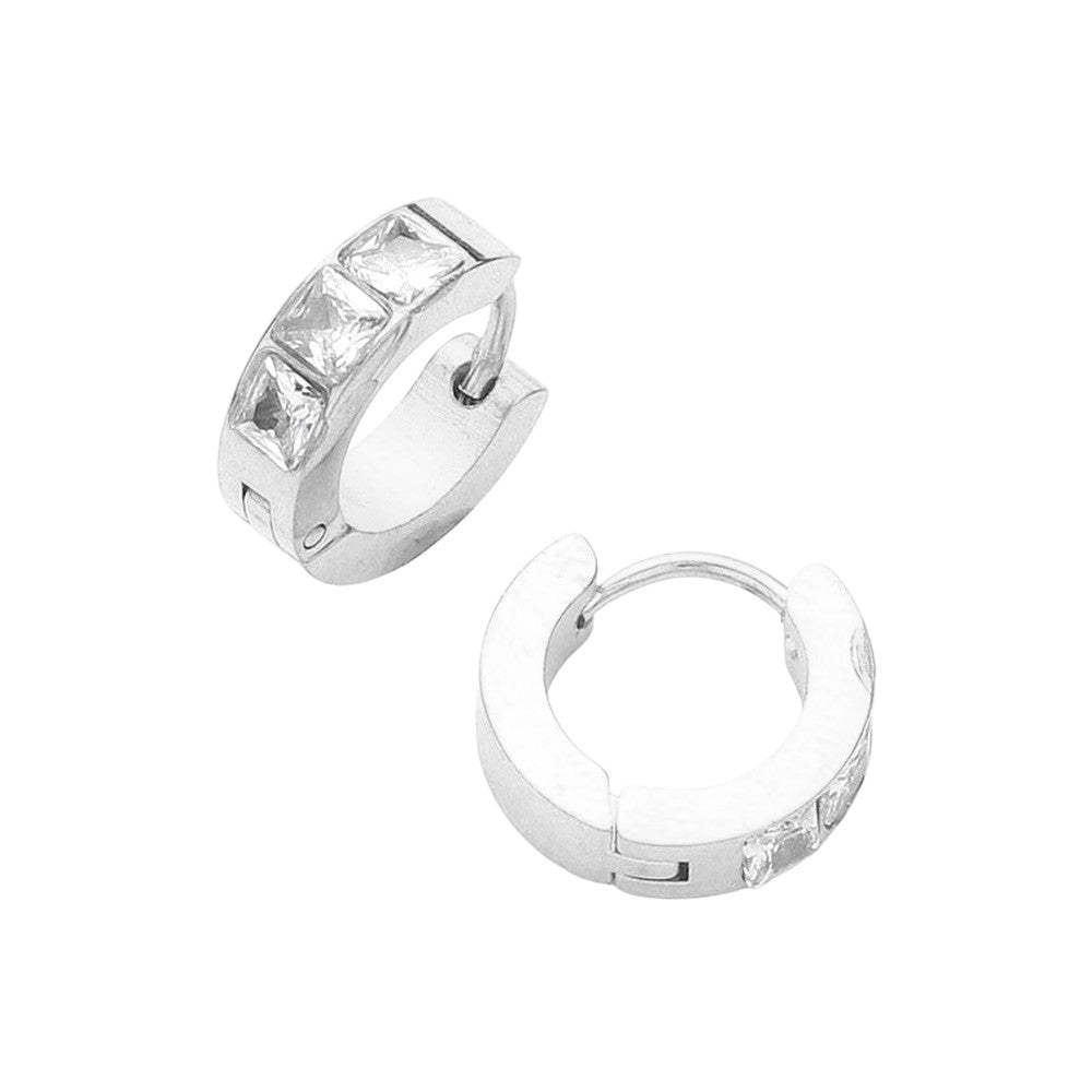 Square CZ Stone Paved Stainless Steel Huggie Hoop Earrings - Madeline Love - Flyclothing LLC