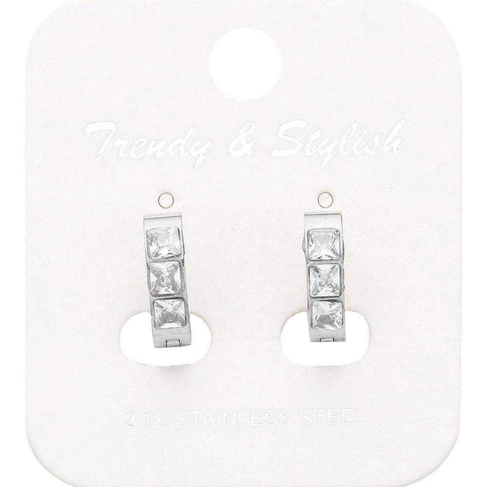 Square CZ Stone Paved Stainless Steel Huggie Hoop Earrings - Madeline Love - Flyclothing LLC