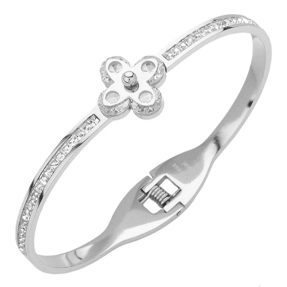 Stainless Steel CZ Stone Clover Pointed Hinged Bangle Bracelet - Madeline Love - Flyclothing LLC