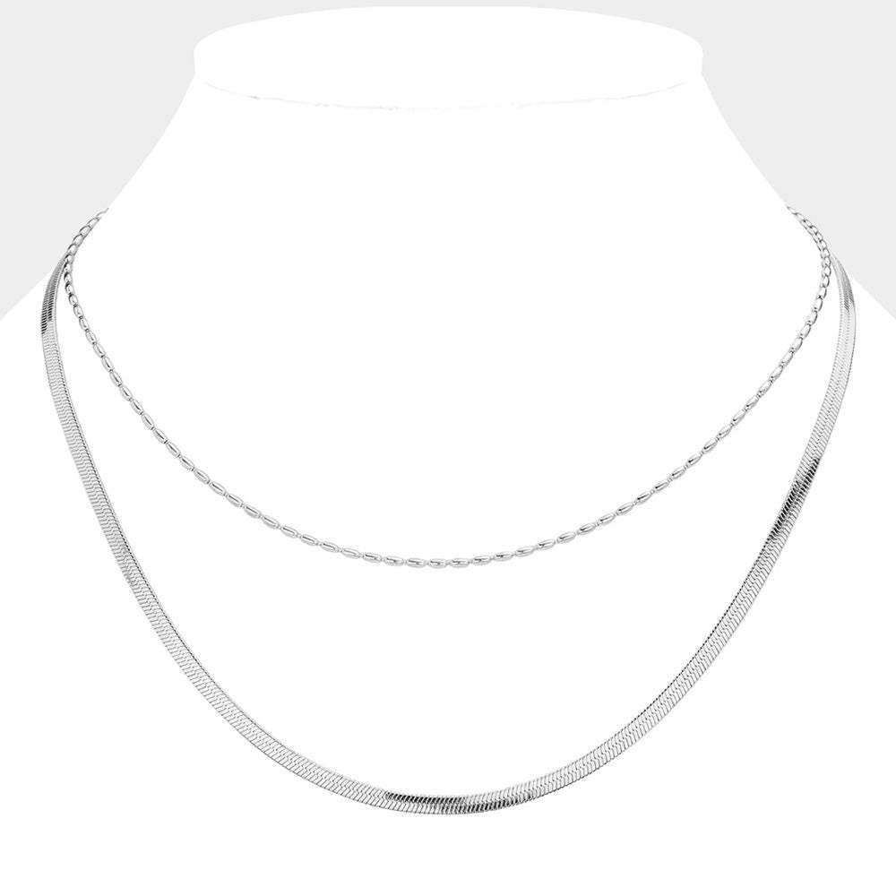 Stainless Steel Herringbone Chain Layered Necklace - Madeline Love - Flyclothing LLC