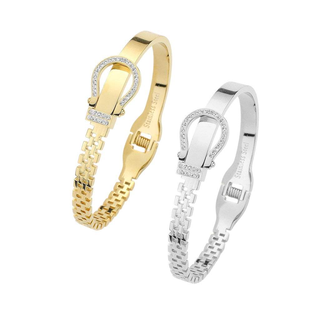 Stainless Steel Rhinestone Belt Buckle Hinged Bangle Bracelet - Madeline Love - Flyclothing LLC
