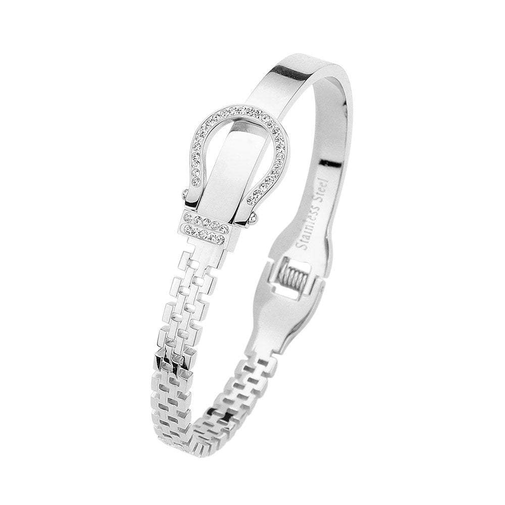 Stainless Steel Rhinestone Belt Buckle Hinged Bangle Bracelet - Madeline Love - Flyclothing LLC