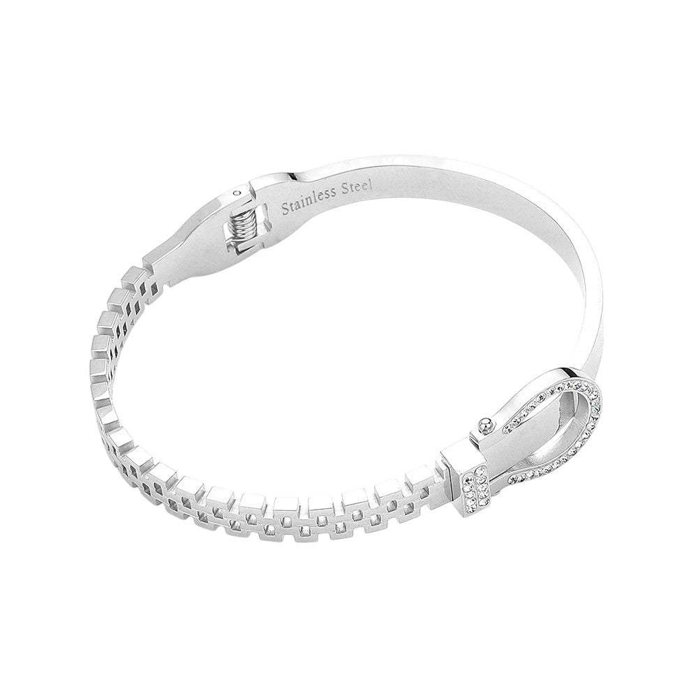Stainless Steel Rhinestone Belt Buckle Hinged Bangle Bracelet - Madeline Love - Flyclothing LLC